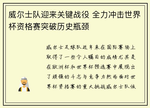 威尔士队迎来关键战役 全力冲击世界杯资格赛突破历史瓶颈