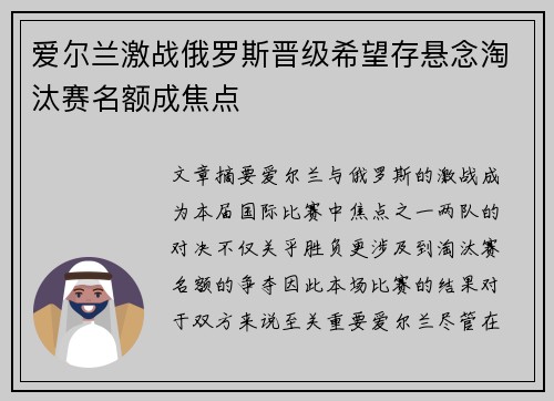 爱尔兰激战俄罗斯晋级希望存悬念淘汰赛名额成焦点