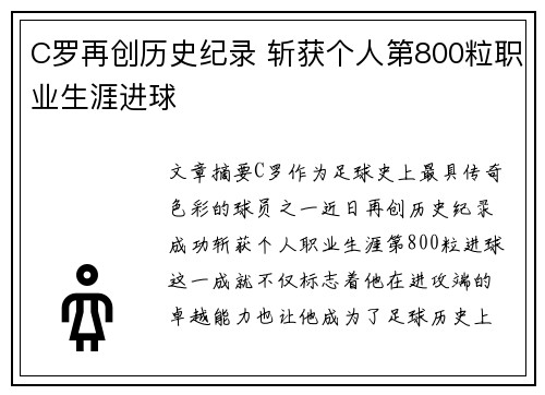 C罗再创历史纪录 斩获个人第800粒职业生涯进球