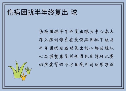 伤病困扰半年终复出 球